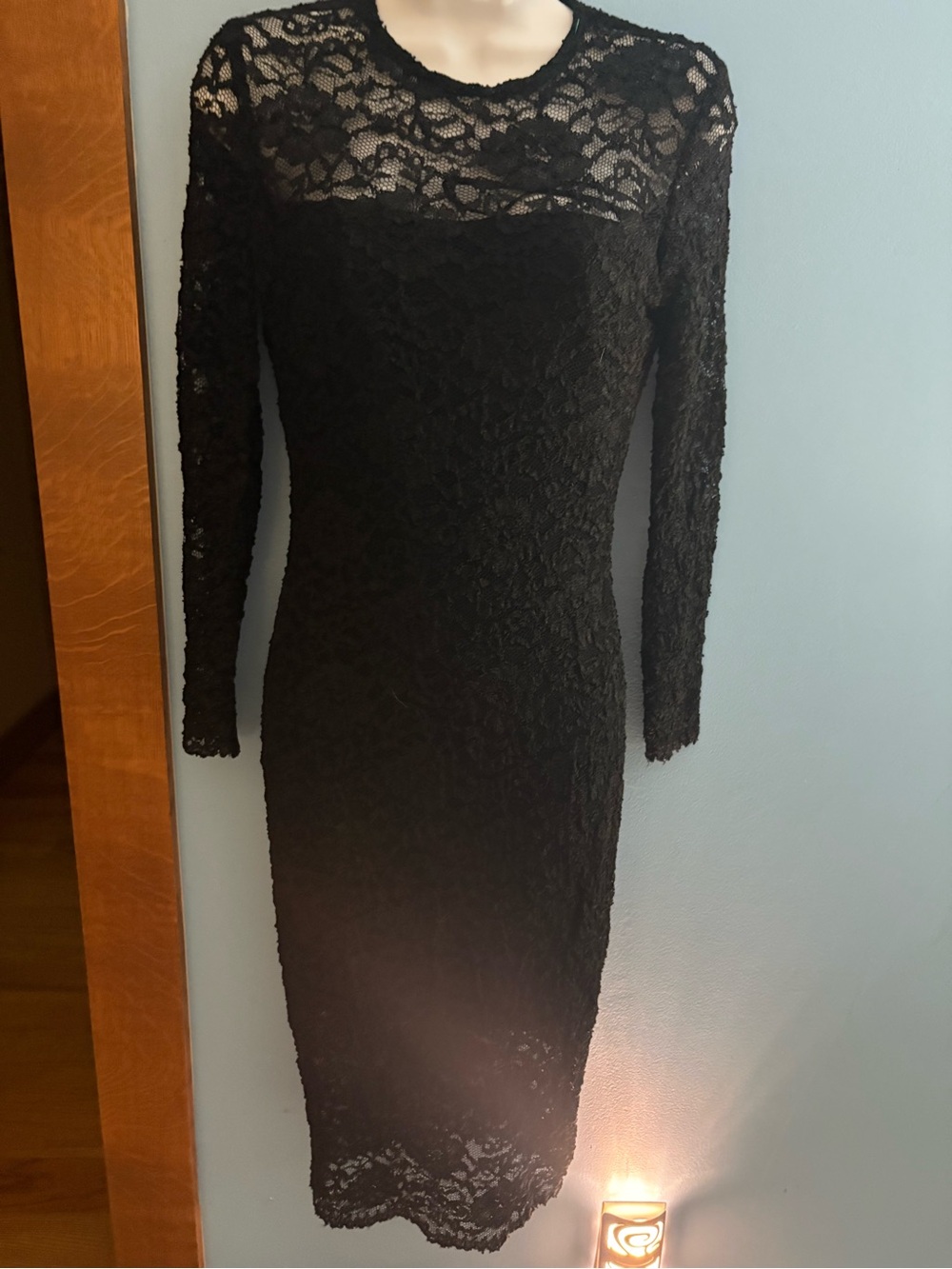 Vintage AJ Bari Black Lace Dress Cocktail Evening Huggie Stretch Long Sleeve 10
